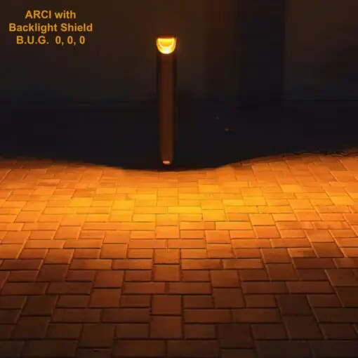 ARCI Turtle Friendly Bollard light with 590nm LEDs and a backlight shield. B.U.G. 0,0,0